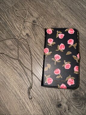 Kate Spade Floral Black & Pink Phone Silver Chain Crossbody Wallet
